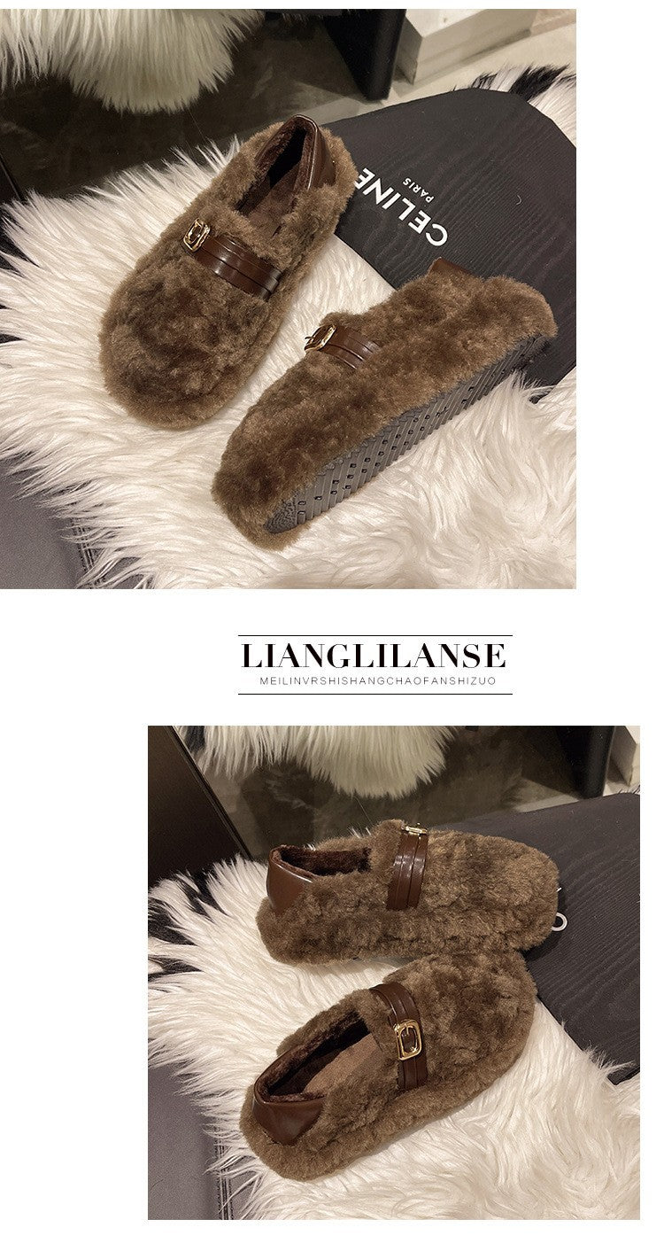 Women Warm Fur Flats Shoes 2025 Autumn Winter Vintage Fashion Shallow Mouth Buckle Ladies Comfort Loafers Shoes Zapatos Mujer