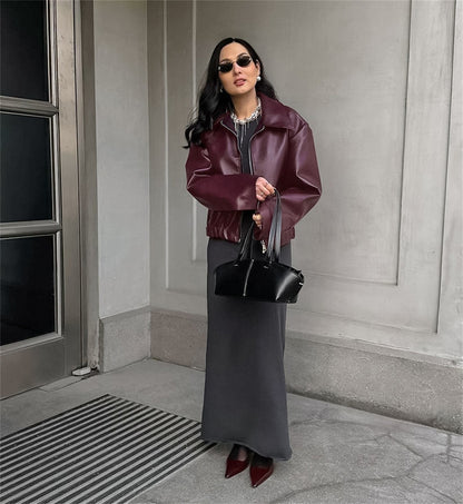 Jaqueta Feminina de Couro Sintético Vermelho Vinho Vintage, Casaco Moderno com Zíper e Lapela, Casacos de Outono Inverno, Blusas Curtas Femininas Estilo Streetwear