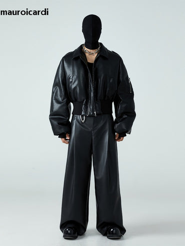 Mauroicardi Autumn Winter Short Thick Warm Black Pu Leather Jacket Men with Long Sleeve Zipper Casual Luxury Designer Clothes