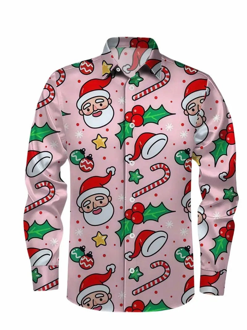 Christmas themed men's 3D hat printed formal shirt, Christmas pattern long sleeved shirt, fashionable men's shirt