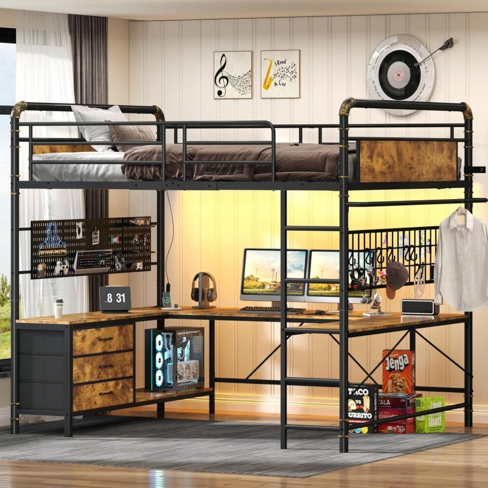 Size Loft Bed with U-Shaped Desk, Heavy Duty Full Loft Bed Frame with Pegboard & Mesh Shelf, RGB Lights, Bunk Lo