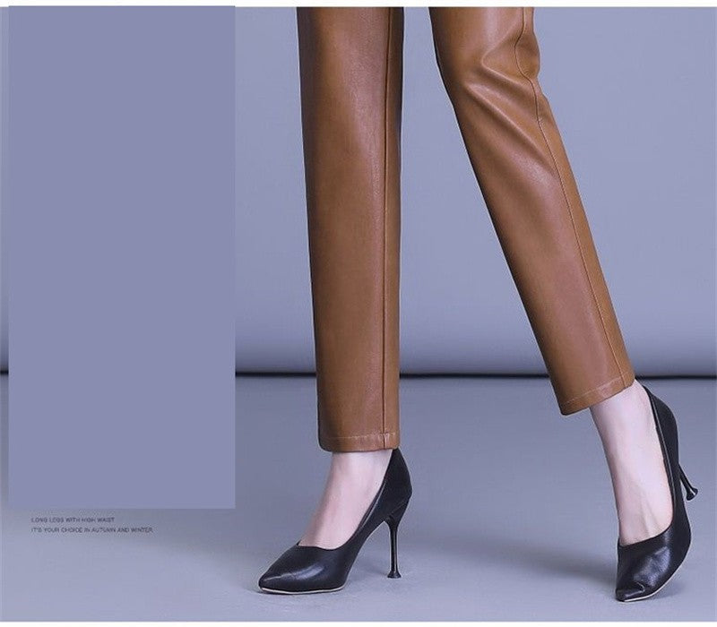 2023 Spring Autumn Sheepskin Pants Women High-waist Straight Pants Slim Lady Genuine Leather Casual Trousers Ankle-Length Pants