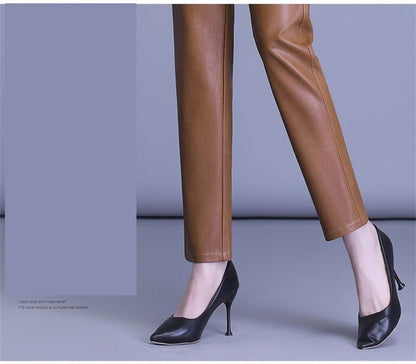 2023 Spring Autumn Sheepskin Pants Women High-waist Straight Pants Slim Lady Genuine Leather Casual Trousers Ankle-Length Pants