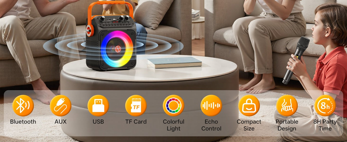 Caixa de Som Karaokê Bluetooth de Alta Potência T35, Luz Rítmica Musical, Som Estéreo Surround 360 Graus, Subwoofer Sem Fio com Microfone Duplo