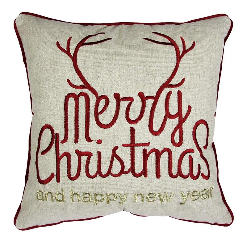 Merry Christmas Happy New Year Throw Pillow 20x20 Linen Look Gold Accents and Insert