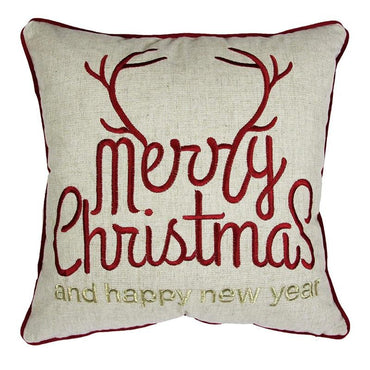 Merry Christmas Happy New Year Throw Pillow 20x20 Linen Look Gold Accents and Insert