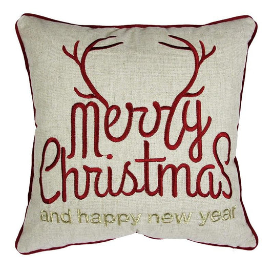 Merry Christmas Happy New Year Throw Pillow 20x20 Linen Look Gold Accents and Insert