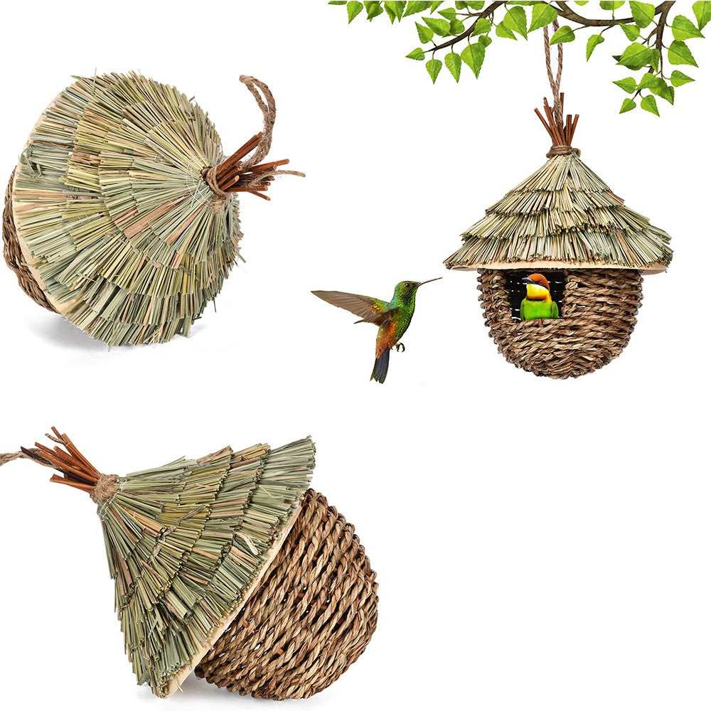 Casa de Pássaros com Vários Estilos Design Criativo Exclusivo Gaiola de Pássaros Confortável de Grama Natural Tecida Decoração para Esconderijo em Janelas de Jardim Externas