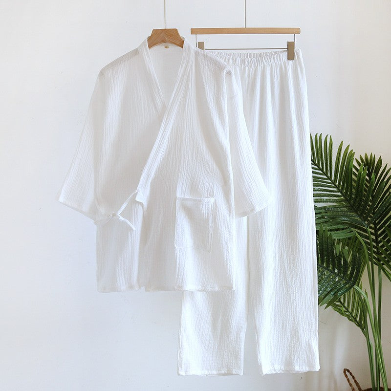 Large Size Kimono Robes with Pocket and Long Pants 2 Pcs Pajamas Set for Men Sleepwear Clothes Cotton Pjamas for Men