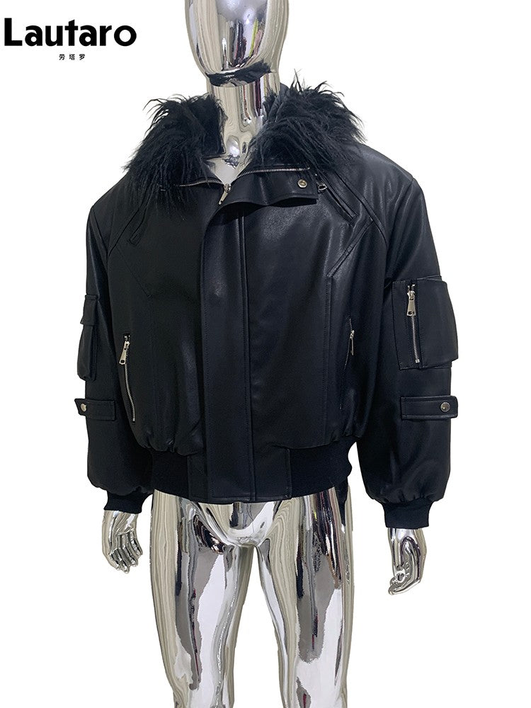 Mauroicardi Autumn Winter Short Oversized Black Warm Pu Leather Jacket Men with Faux Fur Trim Hood Loose Casual Korean Fashion