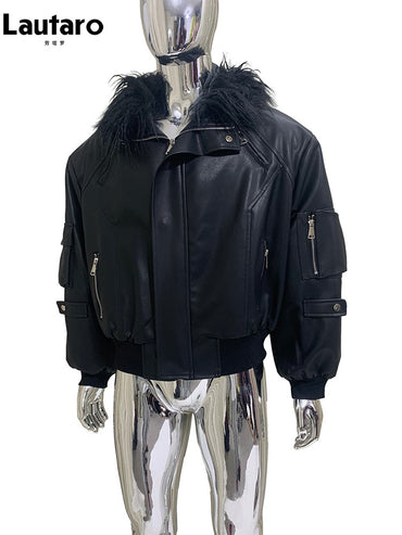 Mauroicardi Autumn Winter Short Oversized Black Warm Pu Leather Jacket Men with Faux Fur Trim Hood Loose Casual Korean Fashion