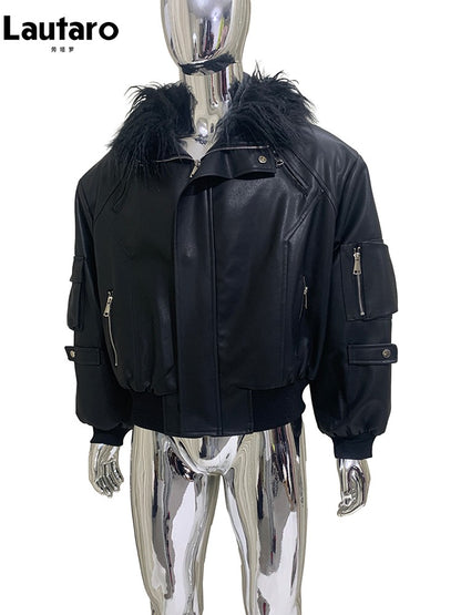 Mauroicardi Autumn Winter Short Oversized Black Warm Pu Leather Jacket Men with Faux Fur Trim Hood Loose Casual Korean Fashion