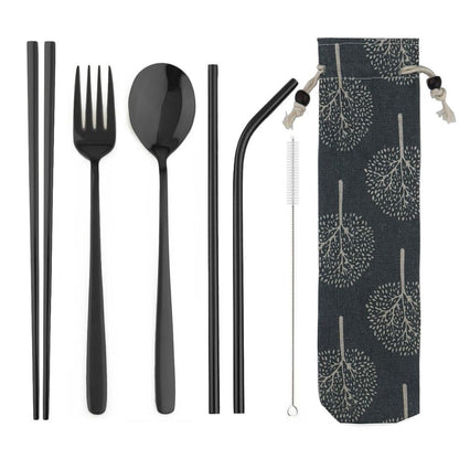 Conjunto de Talheres Portátil de Viagem JANKNG em Aço Inoxidável 304 com Garfo, Colher, Hashi, Canudo, Talheres Arco-Íris com Bolsa