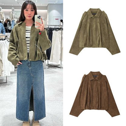 Women's Jacket Fall 2025 New Solid Color Long-Sleeved Faux Suede Loose Bomber Jacket Casual Fashion Personality Versatile
