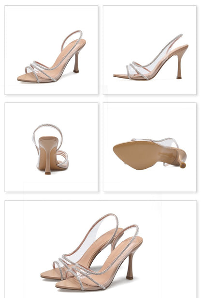 Sapatos de Salto Femininos com Strass e Tira Traseira para o Verão, Sandálias Transparentes de Salto Alto para Escritório, Bico Fino Elegante, Salto Alto Sexy Feminino