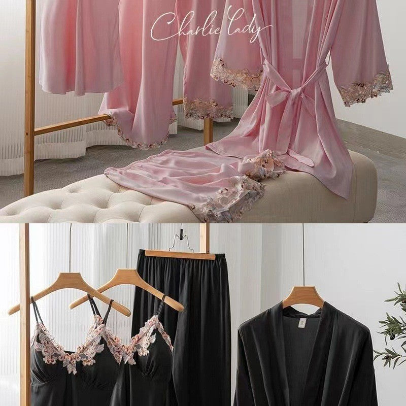 Women's Ice Silk Nightgown Set - Spring/Fall Long-Sleeve Robe Sexy Pure Desire Style with Padded Strapless Nightdress and Pants