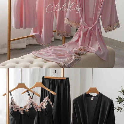 Women's Ice Silk Nightgown Set - Spring/Fall Long-Sleeve Robe Sexy Pure Desire Style with Padded Strapless Nightdress and Pants
