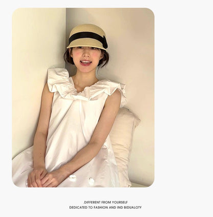 Bow shaped dome grass woven duckbill hat for women, summer outdoor face enhancing small grass hat, sun protection and shading