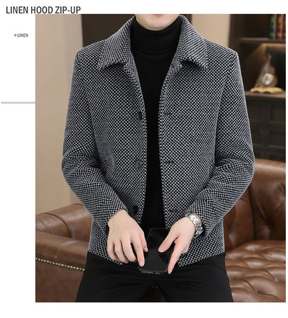 Korean Winter Woolen Jacket Men Plush and Warm Short Trench Coat Plaid Casual Business Streetwear Overcoat Social Men Clothing