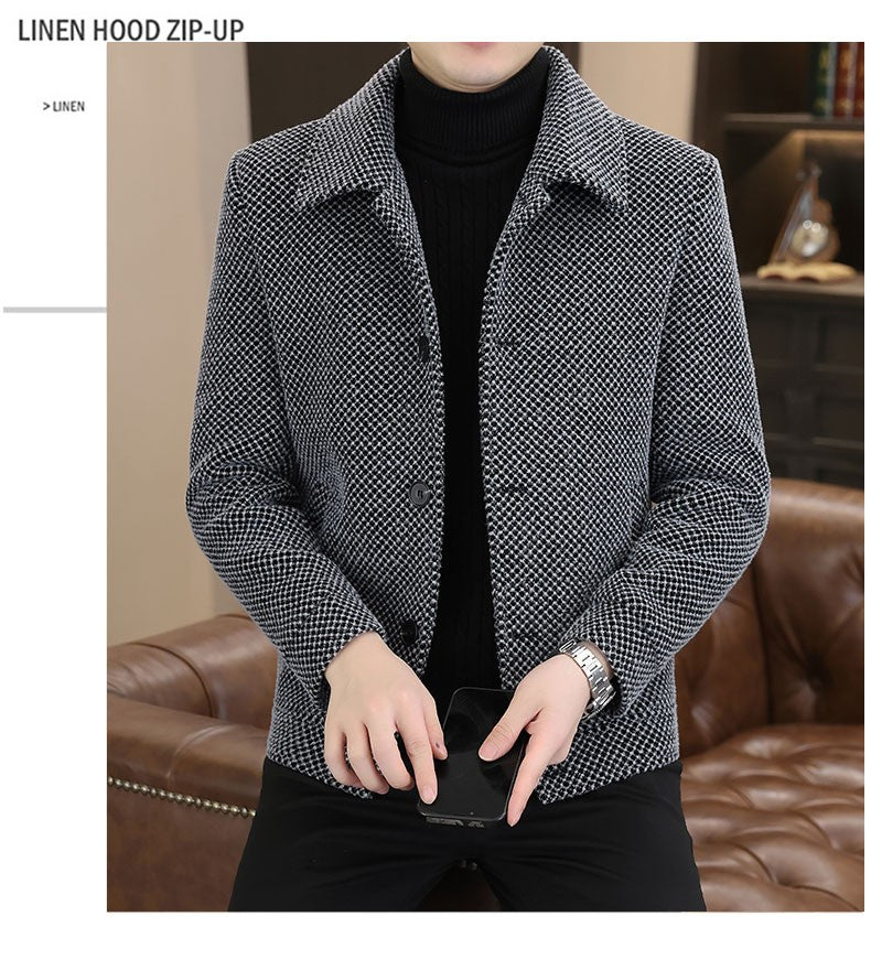 Korean Winter Woolen Jacket Men Plush and Warm Short Trench Coat Plaid Casual Business Streetwear Overcoat Social Men Clothing