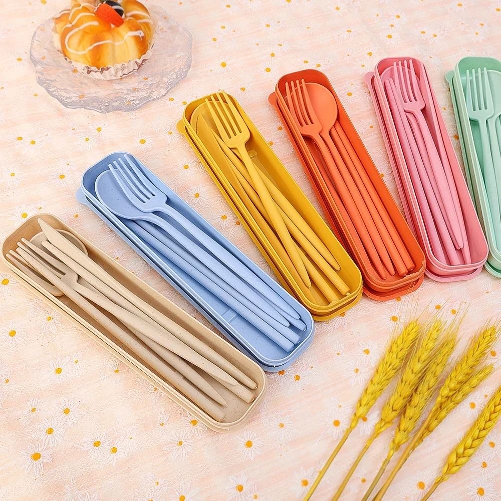 4Pcs Portable Tableware Set 4 In 1 Wheat Straw Dinnerware Cutlery Travel Tableware Picnic Dinnerware Camping Cutlery Set