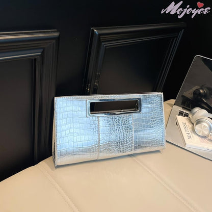 Women Crocodile Pattern PU Leather Clutch Purse Metal Grip Handle Tote Handbag Trendy Evening Bags Chic Black Envelope Party Bag