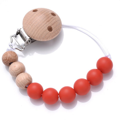 Handmade Beech Wood Baby Pacifier Chain Round Silicone Beads Infant Appease Soother Clips Anti-Drop Dummy Holder Nipple Clip