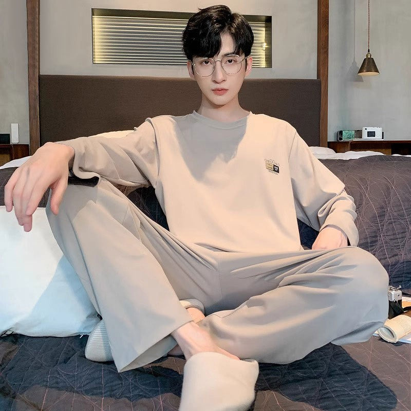 Pajamas Set of Men Cotton Long-Sleeved Simple Cartoon Dinosaur Sleepwear Homewear Students Two-Piece Nightwear Loungewear