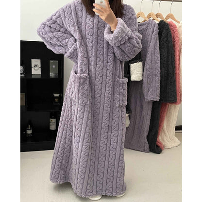 Thickened Warm Bathrobe Women Coral Velvet Padded Pajamas Dress Winter College Student Homewear Plus Size Ladies Striped