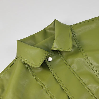 Olive Green Leather Jacket Coat Silhouette Vintage High Street Trend Zipper Lapel Short Overcoat Loose Casual Top Outwear Autumn