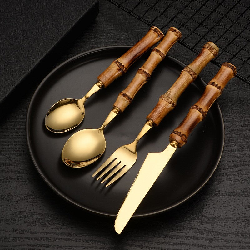 Conjunto de Talheres com Cabo de Bambu Natural, Talheres de Aço Inoxidável, Talheres de Cozinha, Inclui Garfos Colheres Facas Talheres