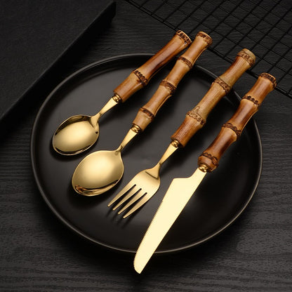 Conjunto de Talheres com Cabo de Bambu Natural, Talheres de Aço Inoxidável, Talheres de Cozinha, Inclui Garfos Colheres Facas Talheres
