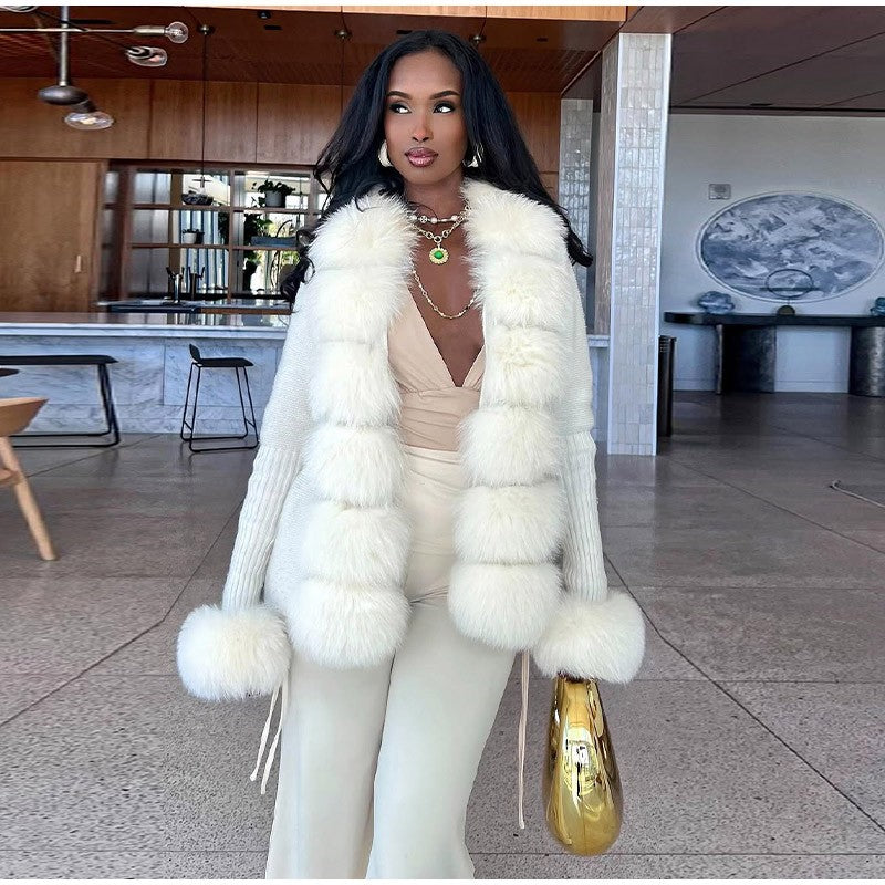 Elegant Knitted Faux Fur Patchwork Women's Coat Thicken Lady Coats 2025 Autumn Winter Chic Female Street Warm Outerwears