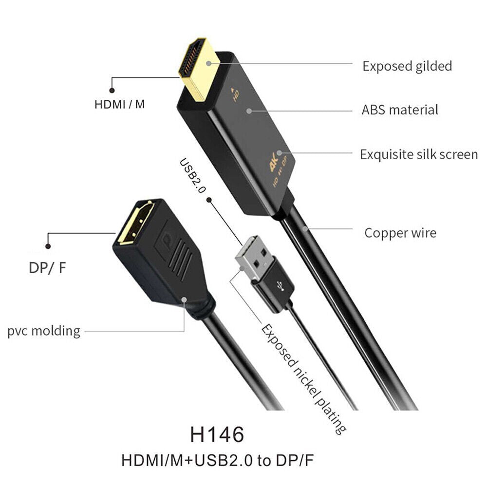 High Speed 4k Hdmi To Dp Displayport Active Converter Cable With Usb Power For Pc Laptop