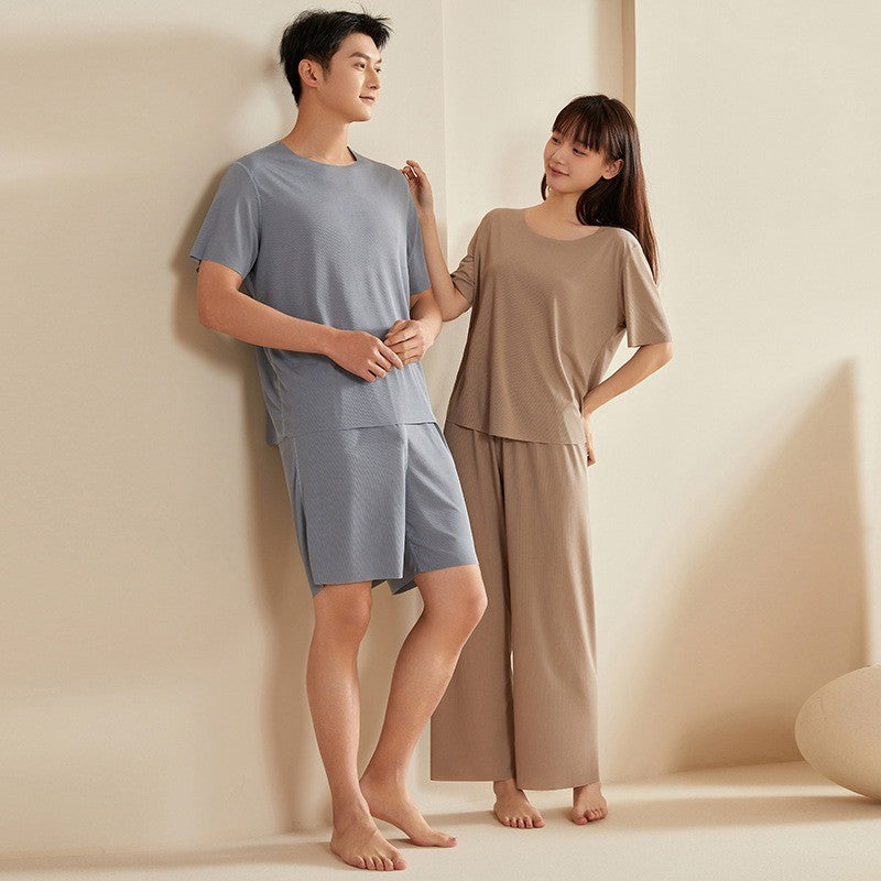 Super Thin Pajamas Suit Women Men Summer Ice Silk Cool Short-sleeved O-Neck Sleepwear Male Female Classic Simple Loungewear Suit