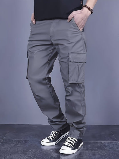 Calça masculina reta de brim com cordão na cintura e bolsos para trabalho casual