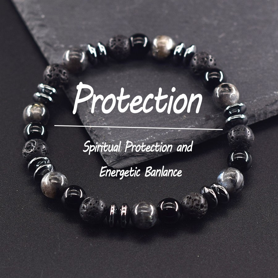 Pulseira Clássica Preta de Contas de Pedra Vulcânica Labradorita Natural, Joia Masculina e Feminina de Proteção Espiritual e Equilíbrio Energético