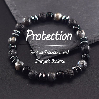 Pulseira Clássica Preta de Contas de Pedra Vulcânica Labradorita Natural, Joia Masculina e Feminina de Proteção Espiritual e Equilíbrio Energético