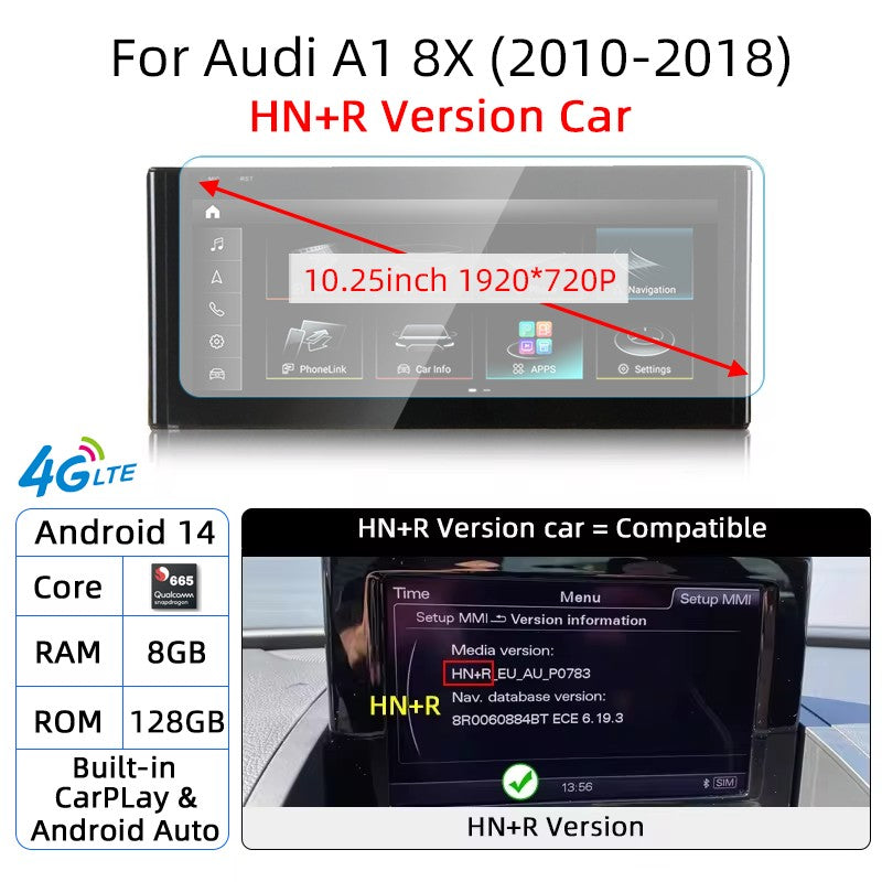 Android 14 Auto Rádio CarPlay Para Audi A1 Q2 2010-2023 GPS Carro Multimedia Player Navi Estéreo DSP WIFI SIM BT Tela de Toque IPS