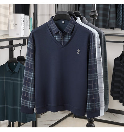 TFETTERS Business Men Polo Shirt 2025 Fashion Casual Slim Long Sleeve T Shirt Men Pullover Printed Plaid Shirts for Man Clothing