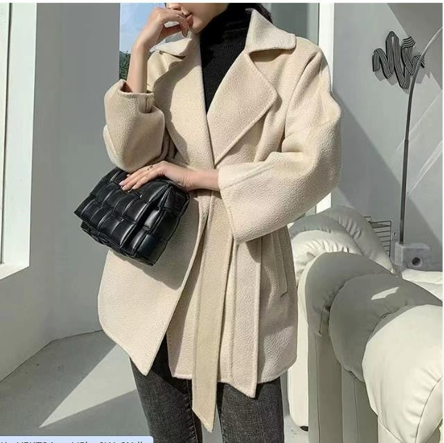 Autumn New Short Double-sided Cashmere Water Ripple Coat Women Turn-down Collar Loose Tempeament Warm Casual wool Jacket Female