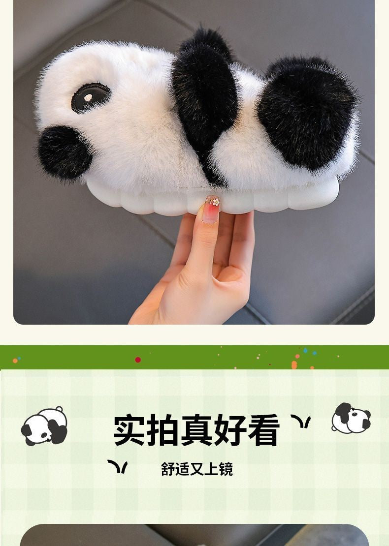Cute panda children's slippers girls indoor slip on shoes, 2025 cartoon animal fur slippers house children flip flops