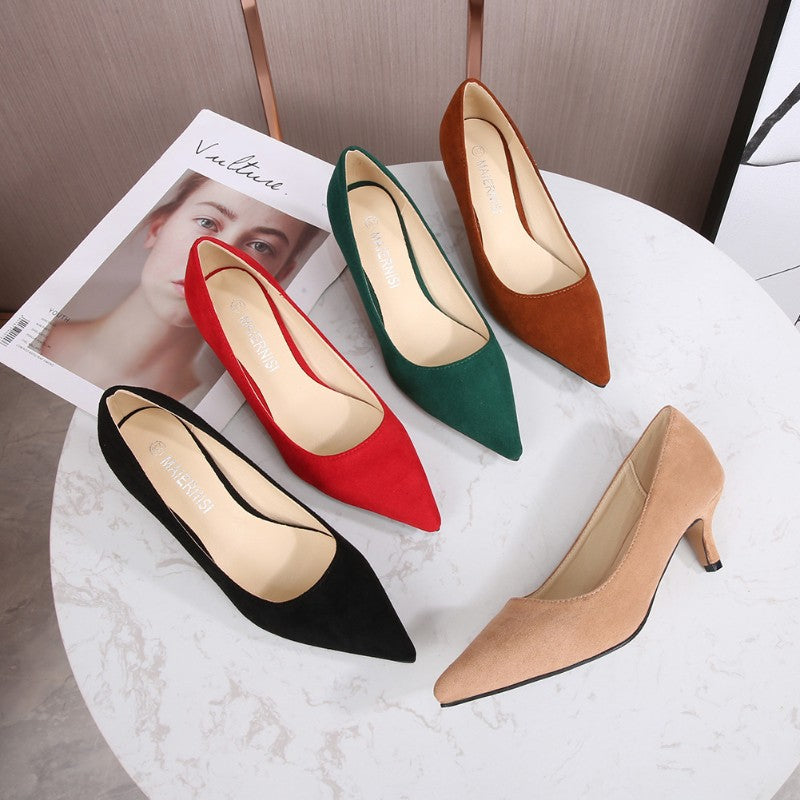 European American Fashionable Pointed High Heels Women With Rhinestone Bows Shallow Mouth Mid-Heeled Single Shoes Silk Satin