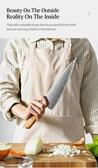 XINZUO Conjunto de Facas de Cozinha 1-8 Peças Aço Damasco Personalizado 73 Camadas Lâmina de Aço 15°±1 Por Lado com Cabo de Madeira de Oliveira