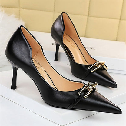 Women 7cm High Heels Pumps Lady Scarpins Fetish Nightclub Blue Nude Low Heels Wedding Party Metal Chain Buckle Fetish Prom Shoes