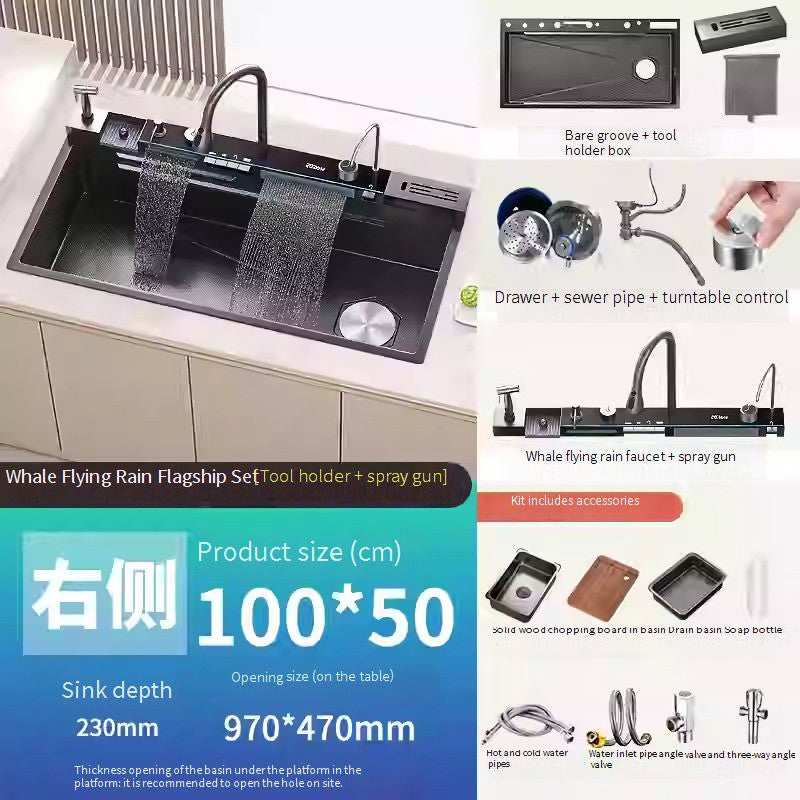 Stainless Steel Waterfall Kitchen Sink Digital Display Faucet Set Embossed Extra Large Single Slot Multiple Types of sinks