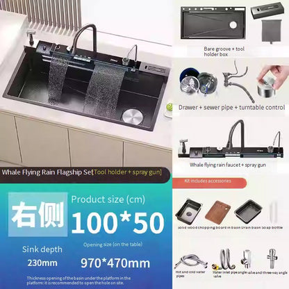 Stainless Steel Waterfall Kitchen Sink Digital Display Faucet Set Embossed Extra Large Single Slot Multiple Types of sinks