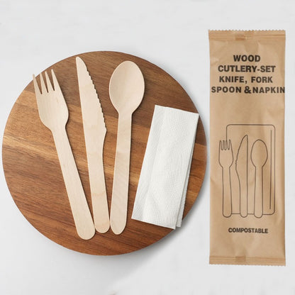 Kit de Talheres Descartáveis de Madeira (Garfo Faca Colher e Guardanapo de Papel) Louça de Madeira Biodegradável Portátil para Festas Acampamento Refeições