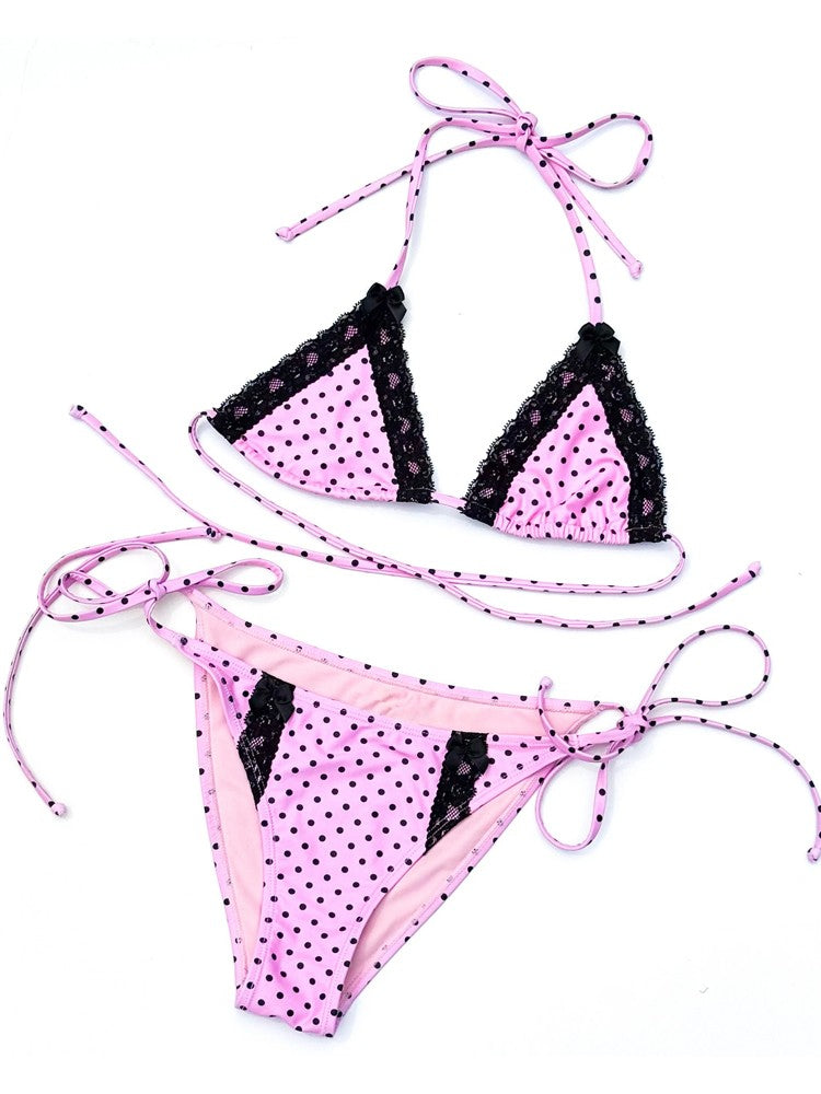 Y2k subculture retro millennium girls style hanging neck suspender bikini set summer beach kawaii classic comfortable bikini set