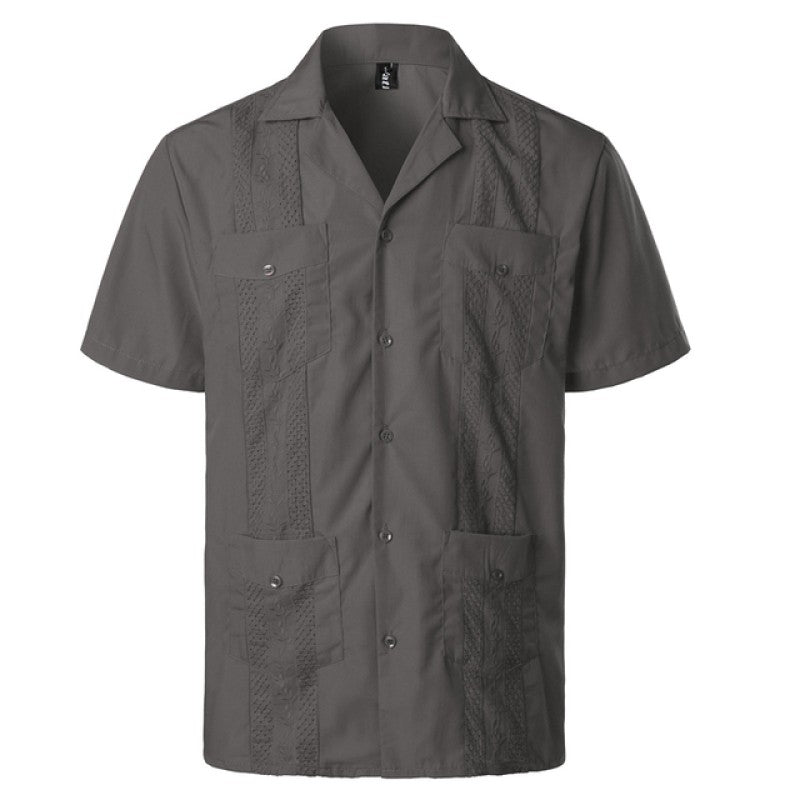 Men's Traditional Cuban Camp Collar Guayabera Shirts Short Sleeve Embroidered Mexican Caribbean Style Beach Shirts with 4 Pocket